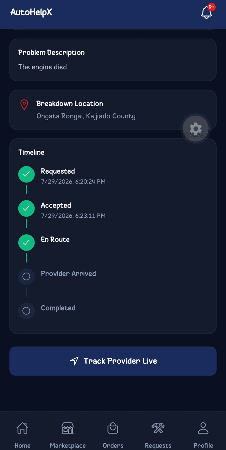 A request timeline: requested, accepted and en route, each stamped with the time it happened.