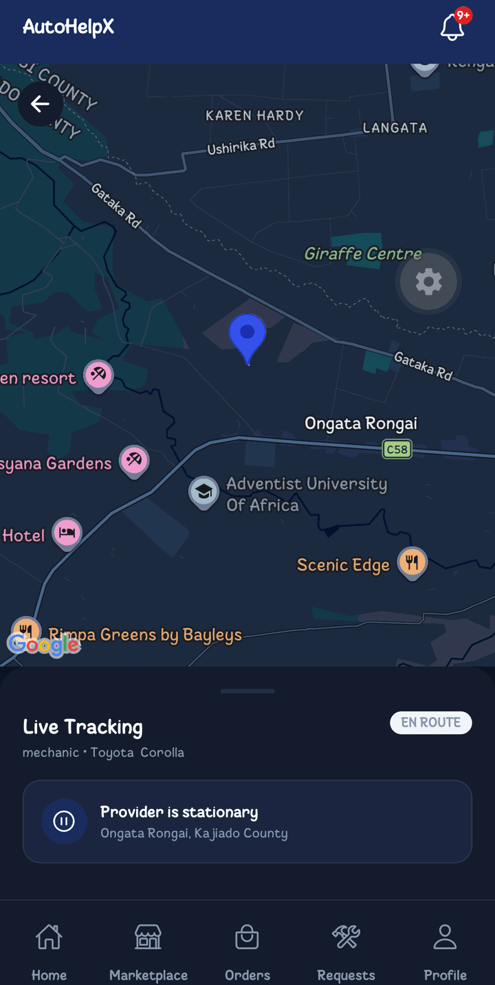 A provider tracked live on the map while en route to the breakdown location.