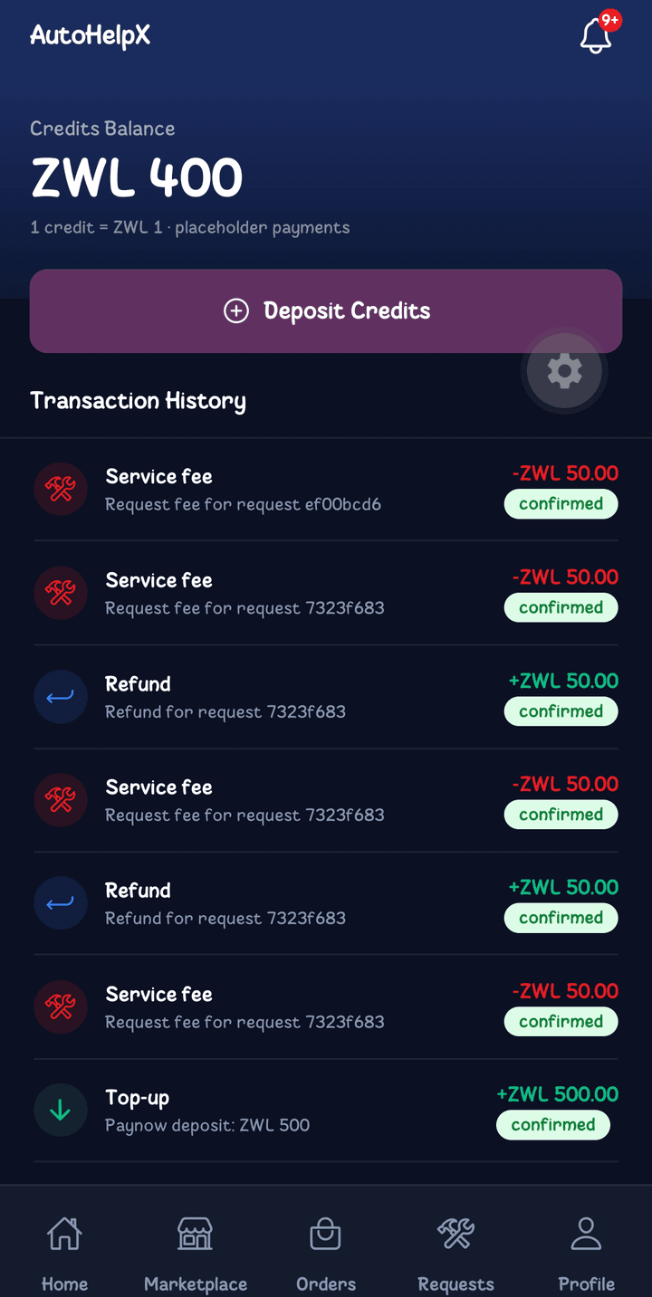 The credits wallet: balance, deposits, and a history of service fees and refunds.